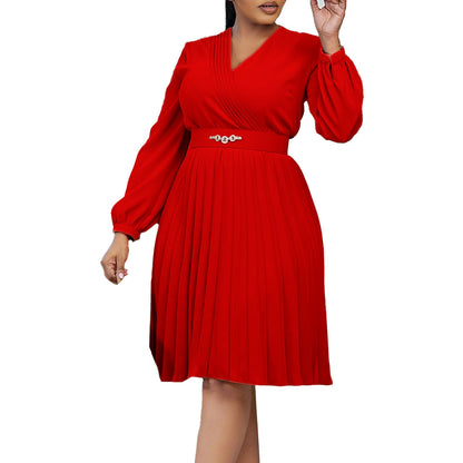Damen Plissee-Kleid mit Taillengürtel V-Ausschnitt Eveloria