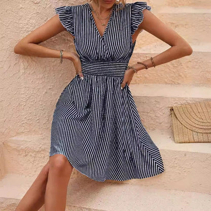 Damen Faltenkleid Streifenmuster Taillenbund Sommer weiß