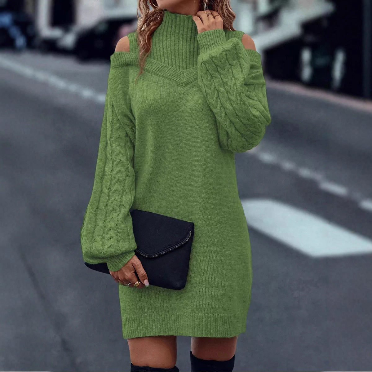 Damen Strickkleid Asymmetrisch Off-Shoulder Voluminöse Ärmel