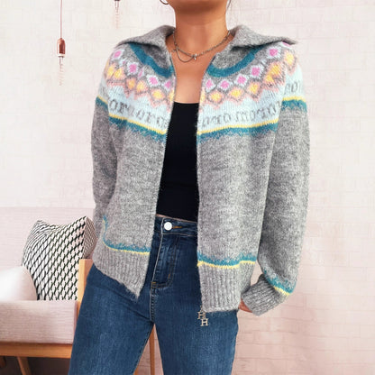Damen Strickjacke Floralmuster Modern Reißverschluss Eveloria - Eveloria