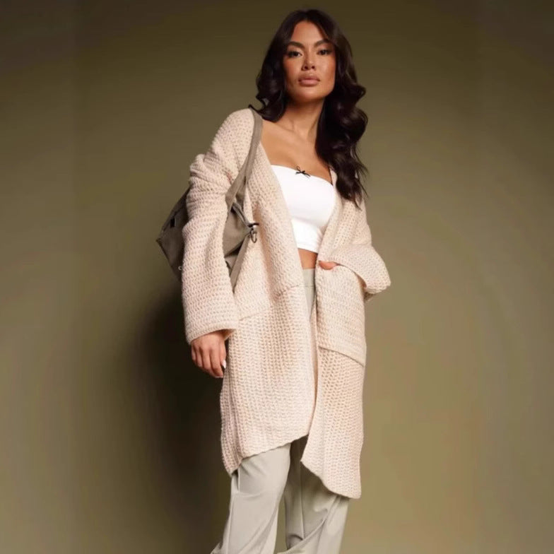 Damen Oversized Strickjacke V-Ausschnitt Taschen Beige