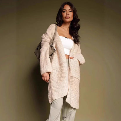 Damen Oversized Strickjacke V-Ausschnitt Taschen Beige