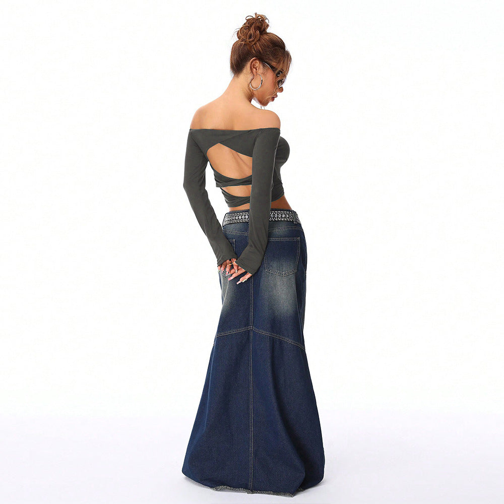 Damen Off-Shoulder Langärmlig Figurbetonter Crop-