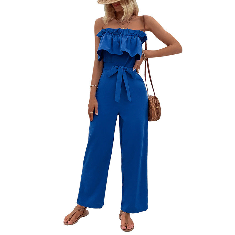 Damen Jumpsuit Rüschen Details Taillengürtel Eveloria