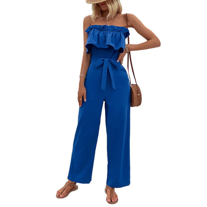Damen Jumpsuit Rüschen Details Taillengürtel Eveloria