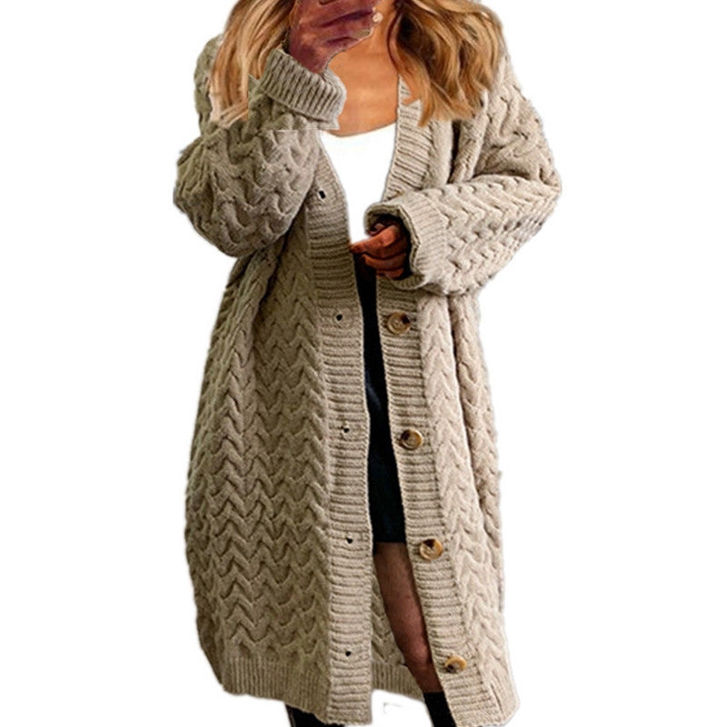 Damen Grobstrickjacke Strukturiertes Zopfmuster Knöpfe Beige