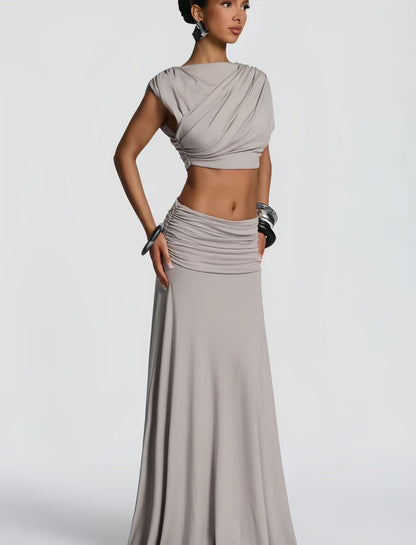 Damen Wickelkleid Drapiertes Oberteil Fließender Rock Eveloria
