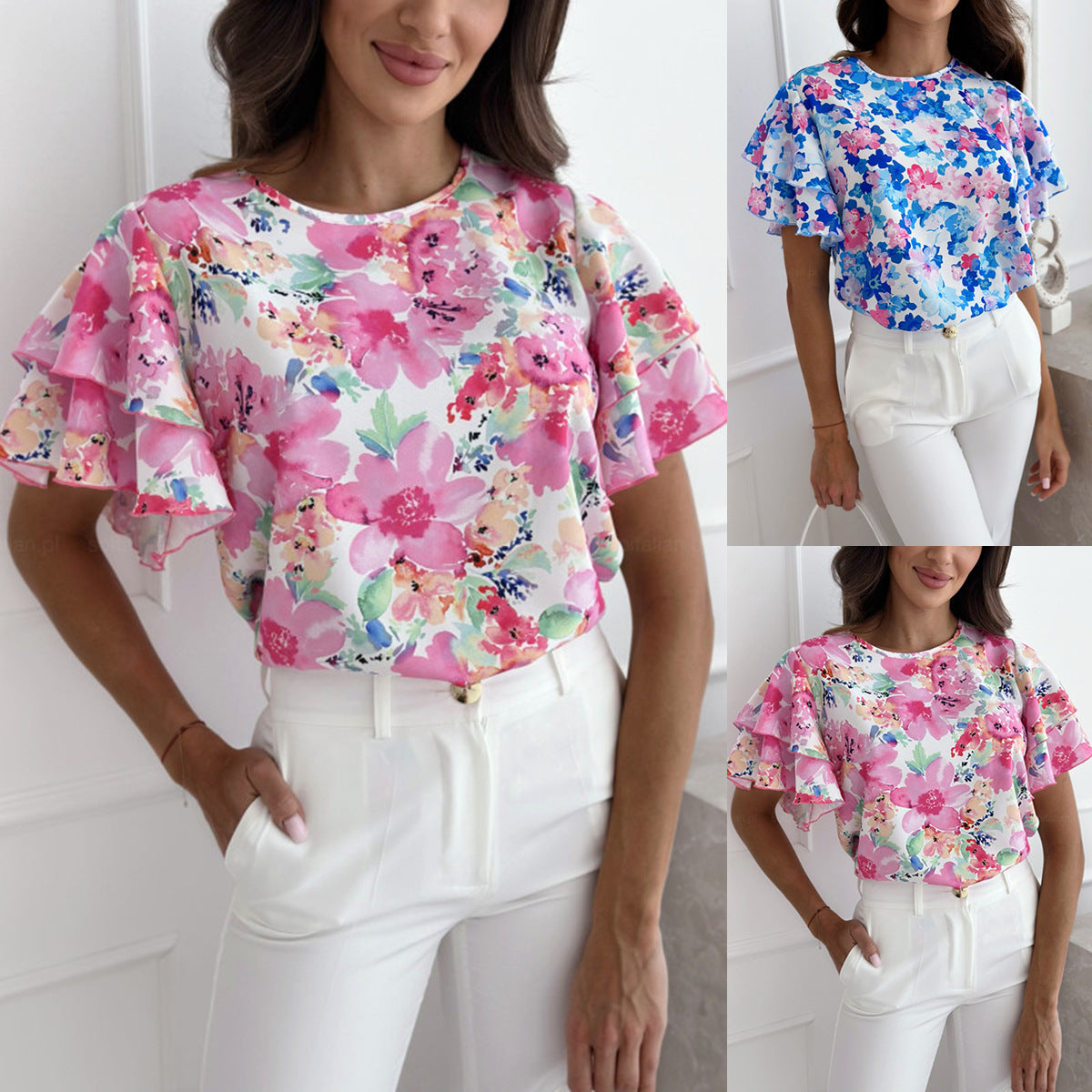 Damen Bluse Voluminöse Rüschenärmel Florales Design - Eveloria