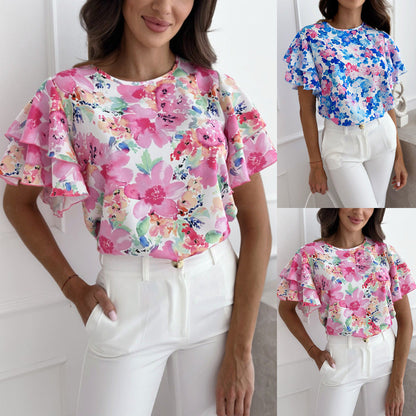 Damen Bluse Voluminöse Rüschenärmel Florales Design - Eveloria