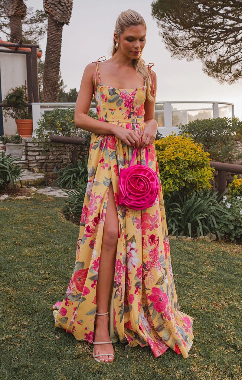 Damen Maxi-Kleid Langarm Floralmuster Rüschendetails