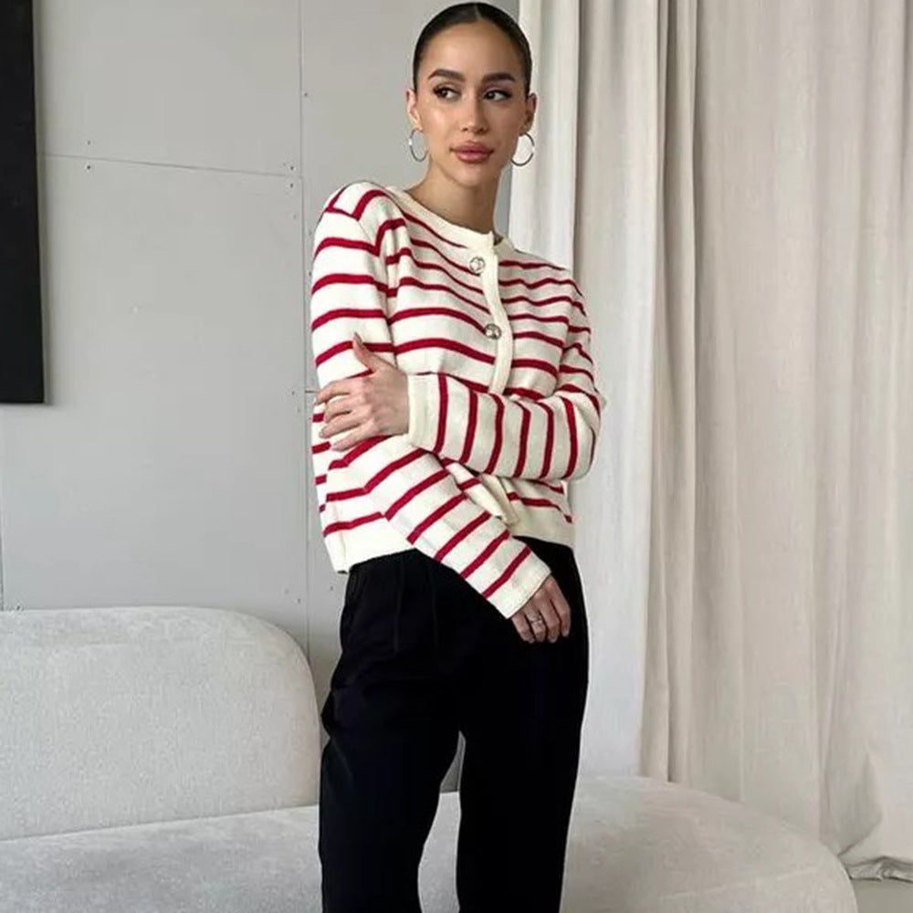 Damen Strickjacke Gestreift mit Knöpfen Eveloria