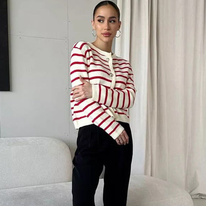 Damen Strickjacke Gestreift mit Knöpfen Eveloria