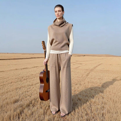 Damen Strickpullover Hohem Kragen Weite Ärmel Beige