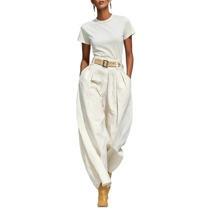 Damen Bundfaltenhose Locker Passform Verstellbarer Gürtel