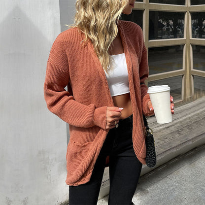 Damen Strickcardigan Lässig Offener Schnitt Mit Taschen Beige