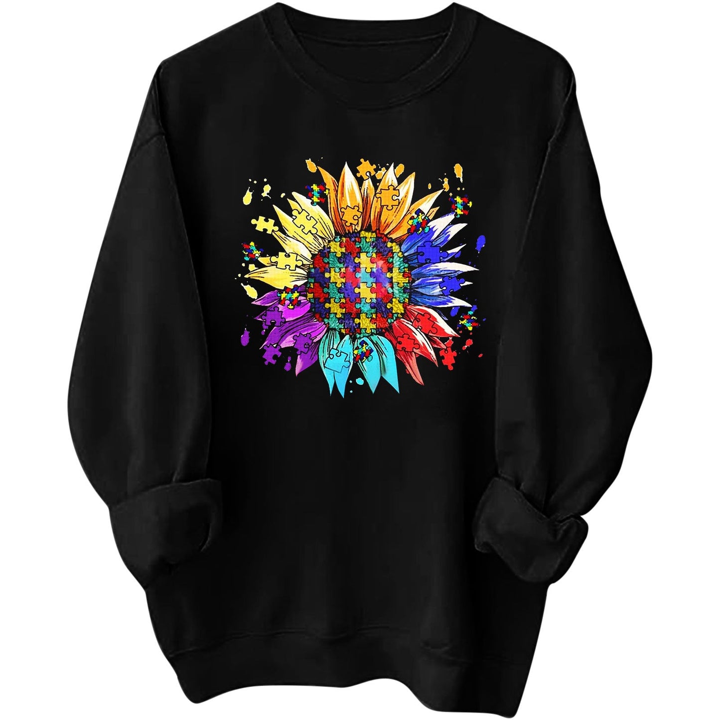 Damen Sweatshirt Puzzle-Blumenmotiv Baumwolle Bequem