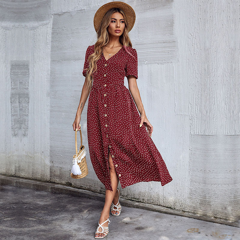 Damen Midi-Kleid Punktmuster Elegante Knopfleiste