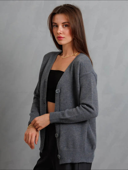 Damen Strickjacke V-Ausschnitt Knöpfe Eveloria