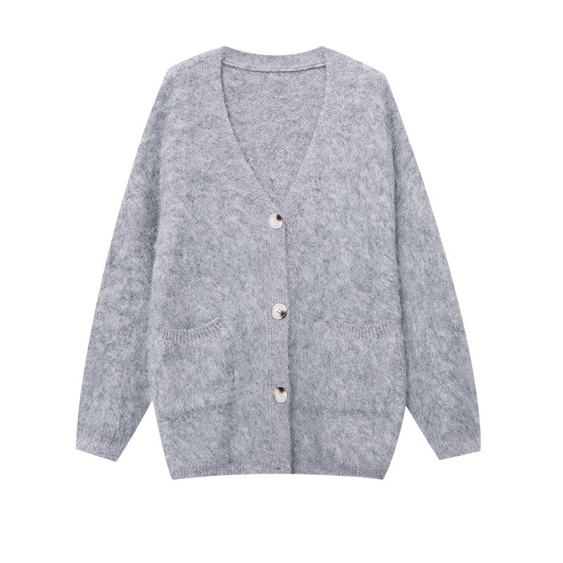 Damen Strickjacke Große Knöpfe Kuschelig Beige