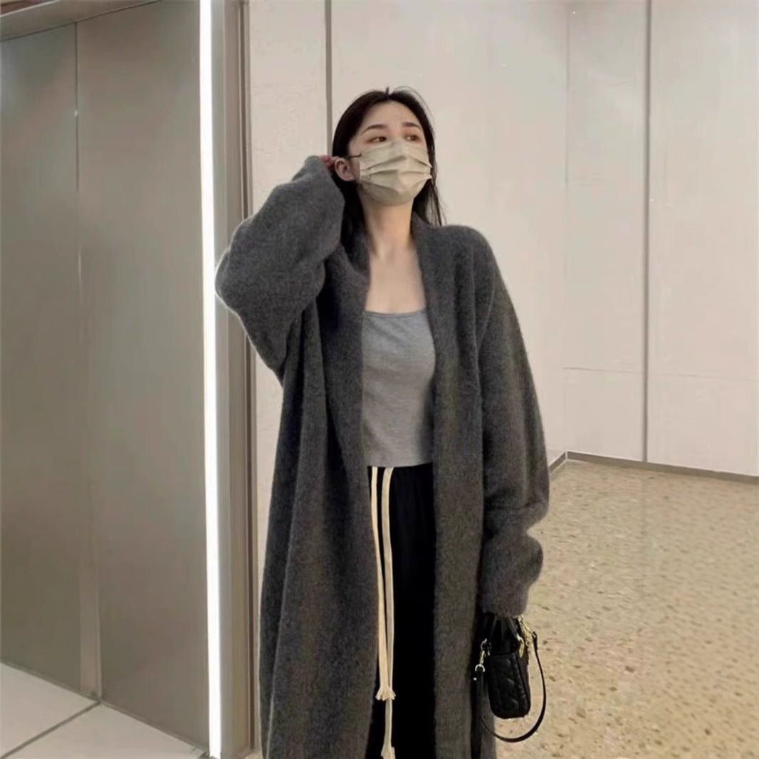 Damen Strickmantel Lang aus Merino-Wolle mit Taschen Beige - Eveloria