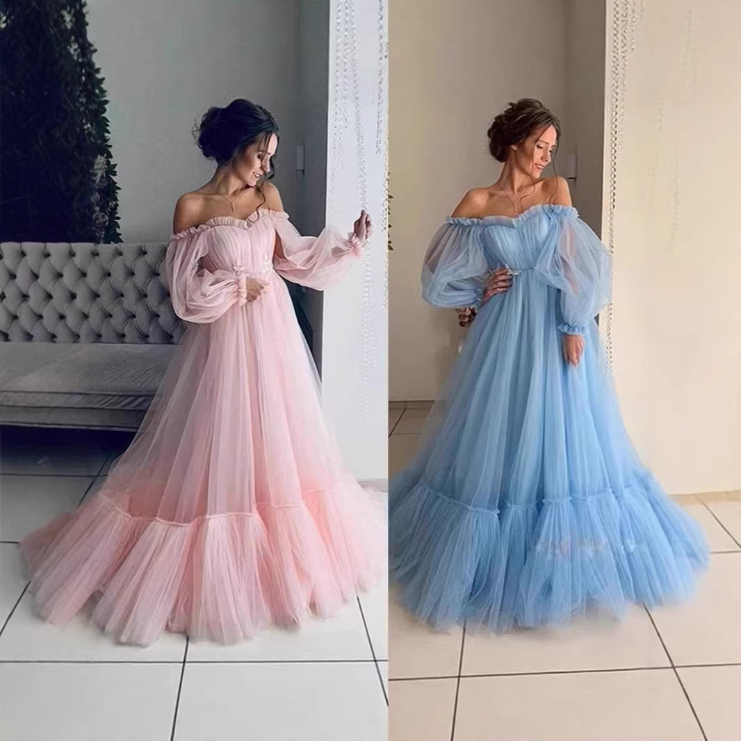Damen Abendkleid Tüll Schulterfrei Voluminöse Ärmel Eveloria - Eveloria