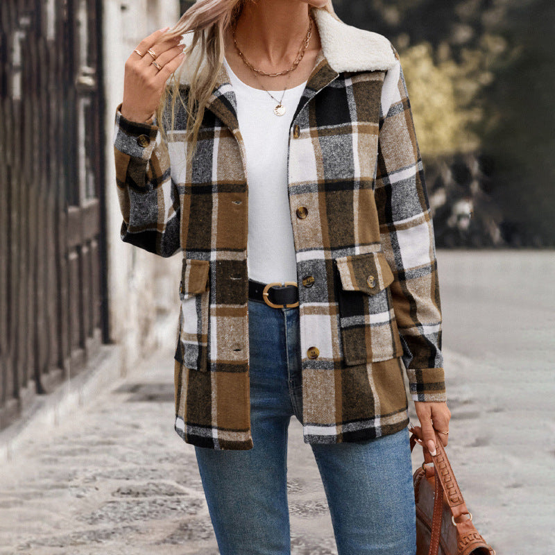 Damen Flanelljacke Karomuster Große Taschen Braun - Eveloria