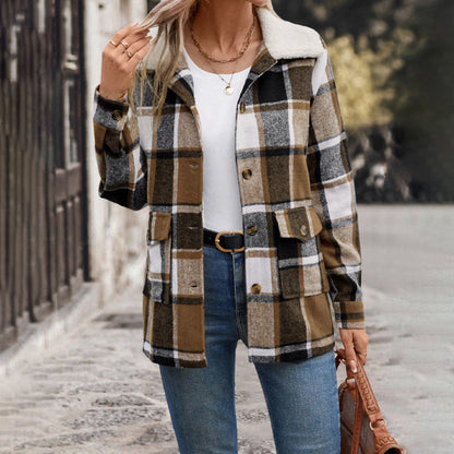 Damen Flanelljacke Karomuster Große Taschen Braun - Eveloria