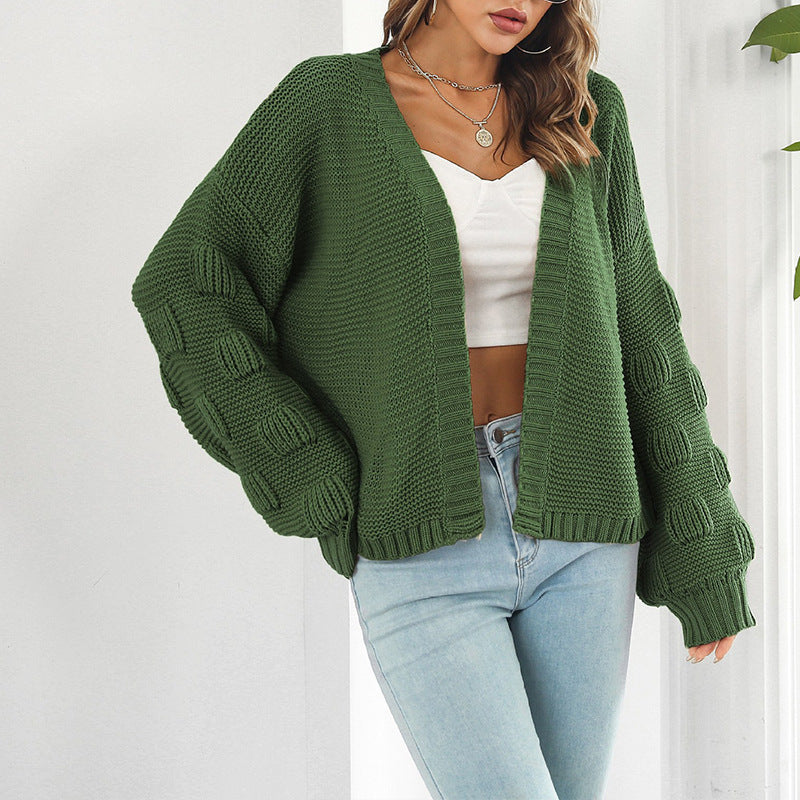 Damen Grobstrick Cardigan Voluminöse Ärmel Offene Front