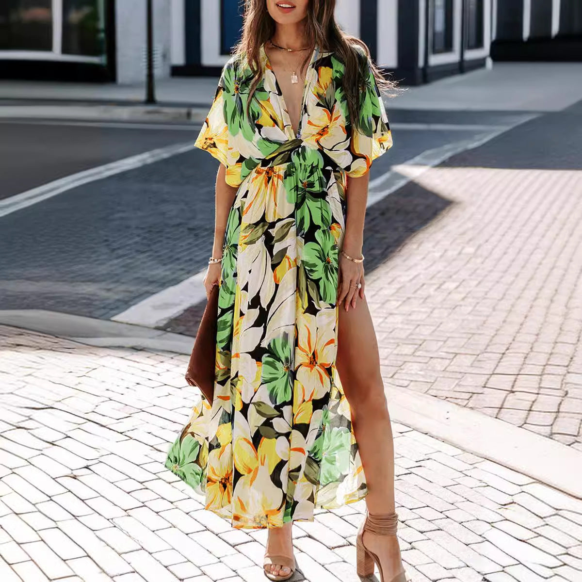 Damen Maxi-Kleid V-Ausschnitt Seitenschlitz Eveloria