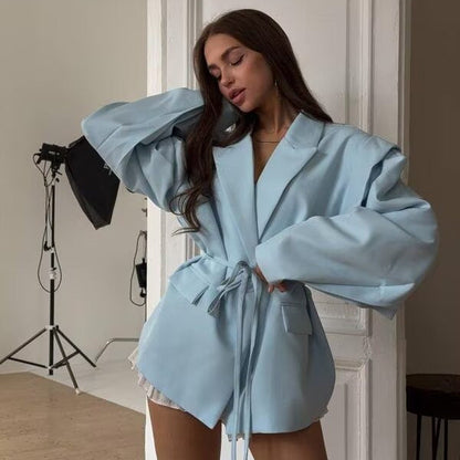 Damen Blazerjacke Tailliert Bindegürtel Eveloria