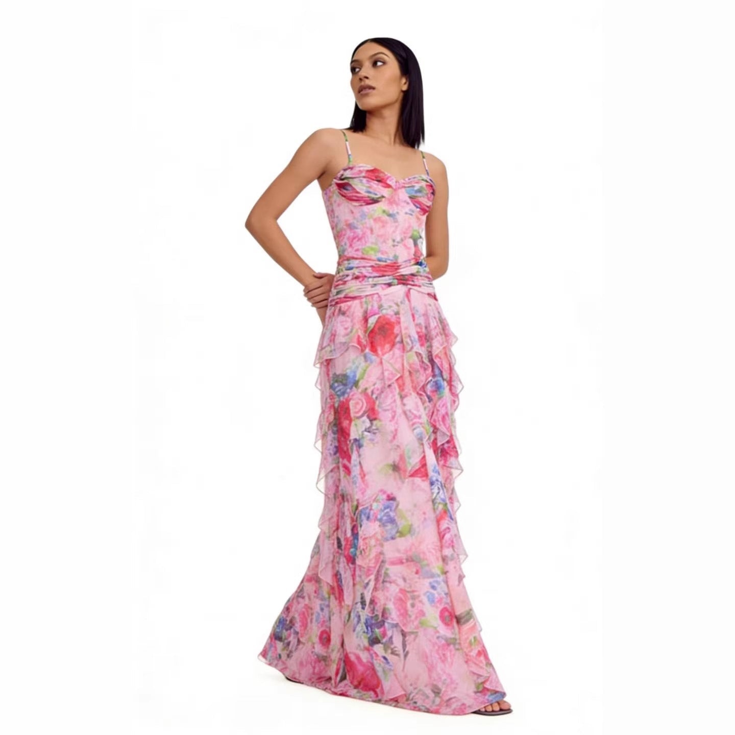 Damen Maxikleid Trägerlos Floralmuster Rüschen