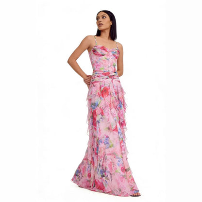 Damen Maxikleid Trägerlos Floralmuster Rüschen