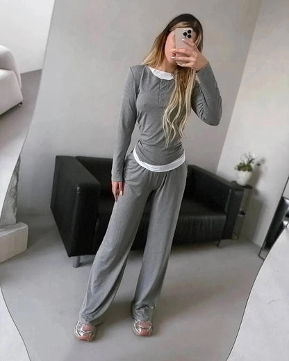 Damen Zwei-teiliges Outfit mit Kragen und weiten Hosen