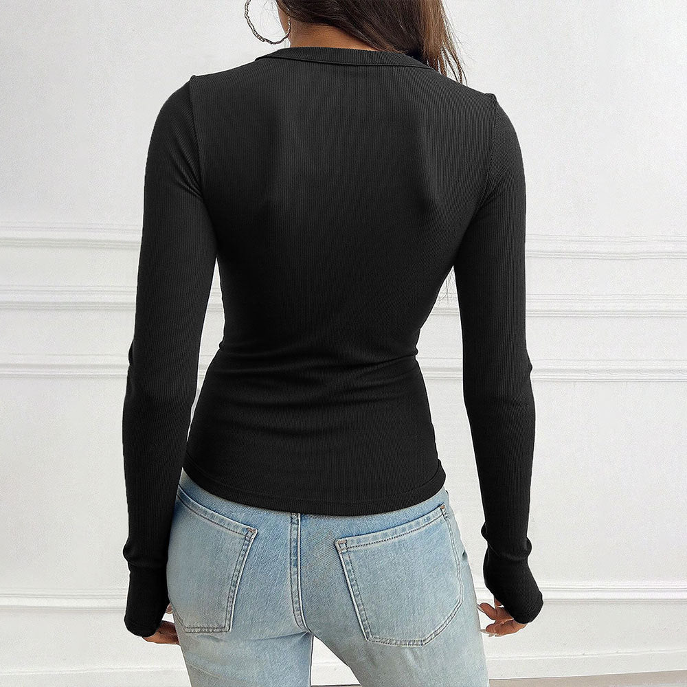 Damen Langarmshirt V-Ausschnitt Knöpfe