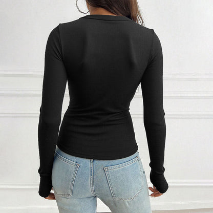 Damen Langarmshirt V-Ausschnitt Knöpfe