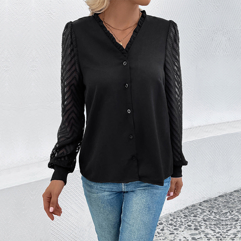 Damen Bluse Rüschendetails transparente Spitze Elegant