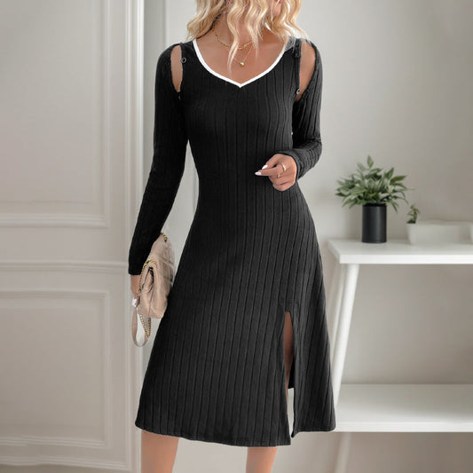 Damen Ärmelloses Midi-Kleid Rippstruktur Eleganter Schlitz Schwarz - Eveloria