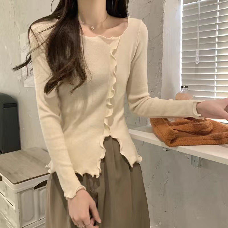 Damen Langarmoberteil Wellen-Saum Elegantes Design