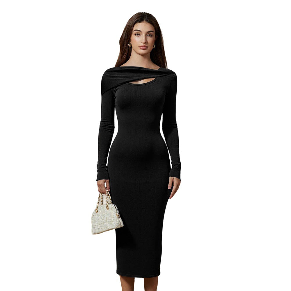Damen Langarm-Kleid Asymmetrischer Ausschnitt Elegantes