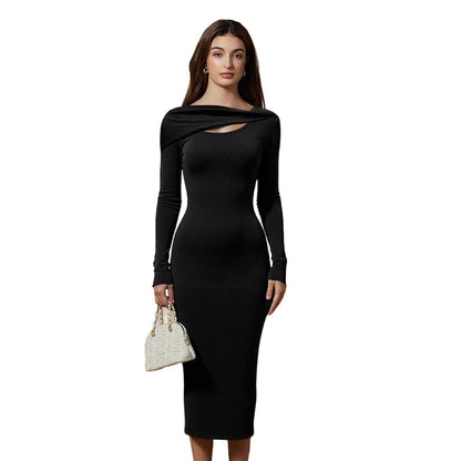 Damen Langarm-Kleid Asymmetrischer Ausschnitt Elegantes