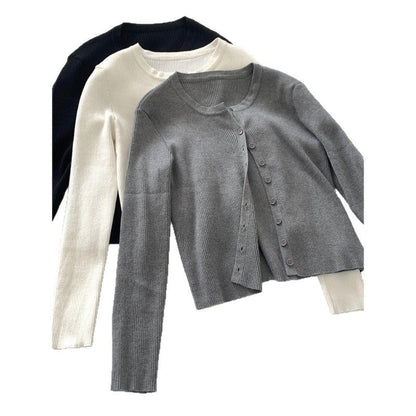 Damen Rippstrickcardigan Langärmlig Knopfverschluss Beige
