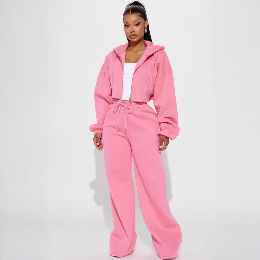 Damen Fleece-Jogginganzug Cropped Hochtailliert Weite Passform
