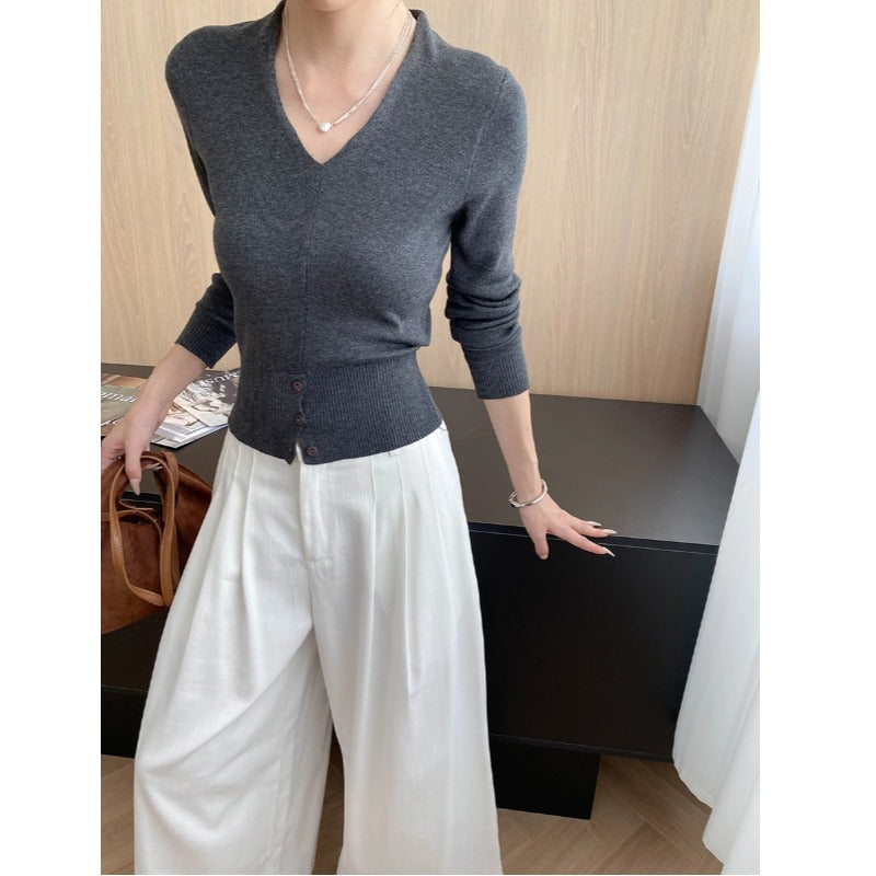Damen Strickpullover V-Ausschnitt Feinripp mit Knöpfen und schmalen