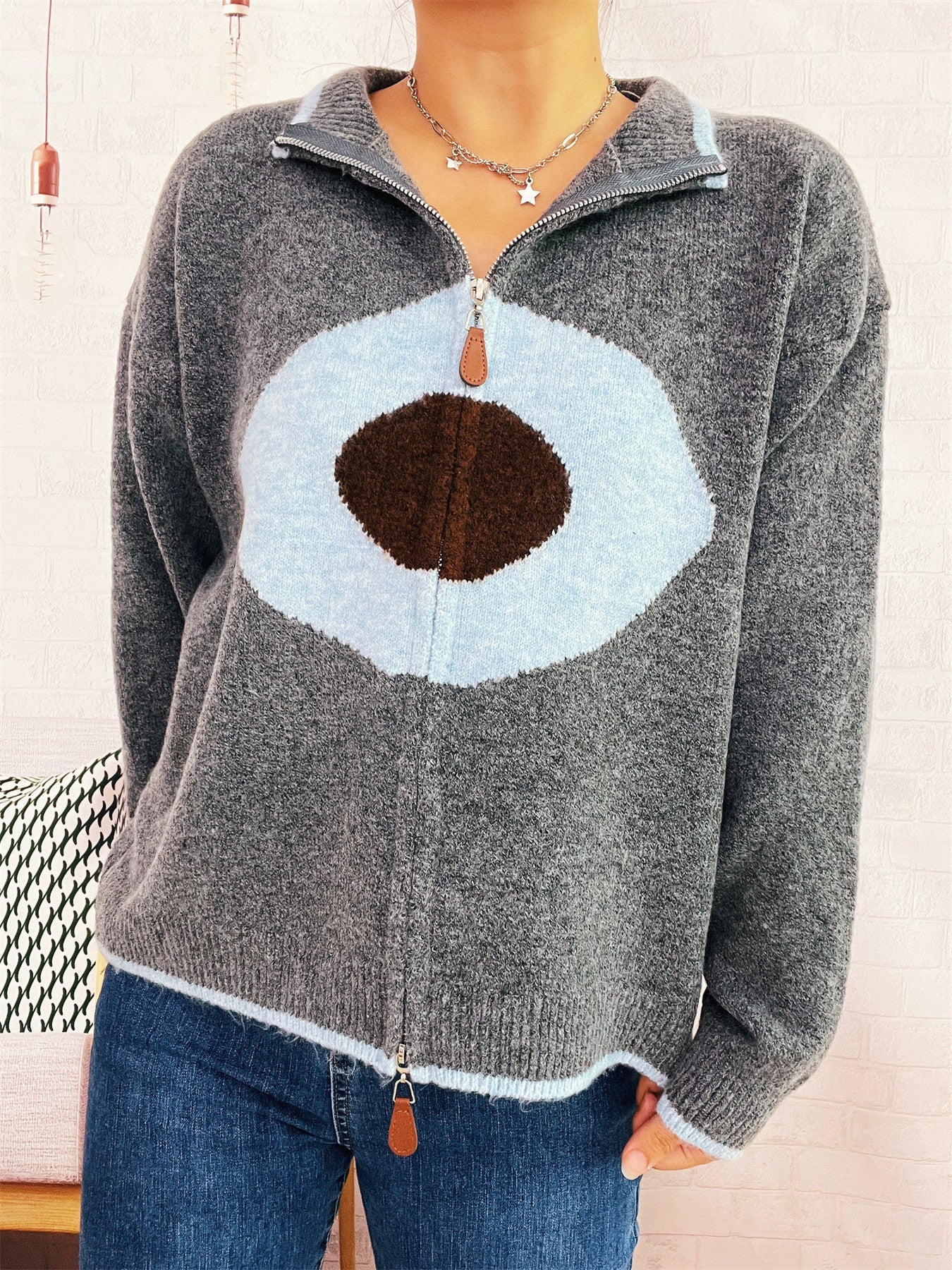 Damen Strickpullover Reißverschluss Kuscheliger Look