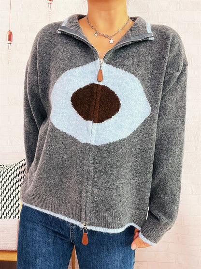 Damen Strickpullover Reißverschluss Kuscheliger Look