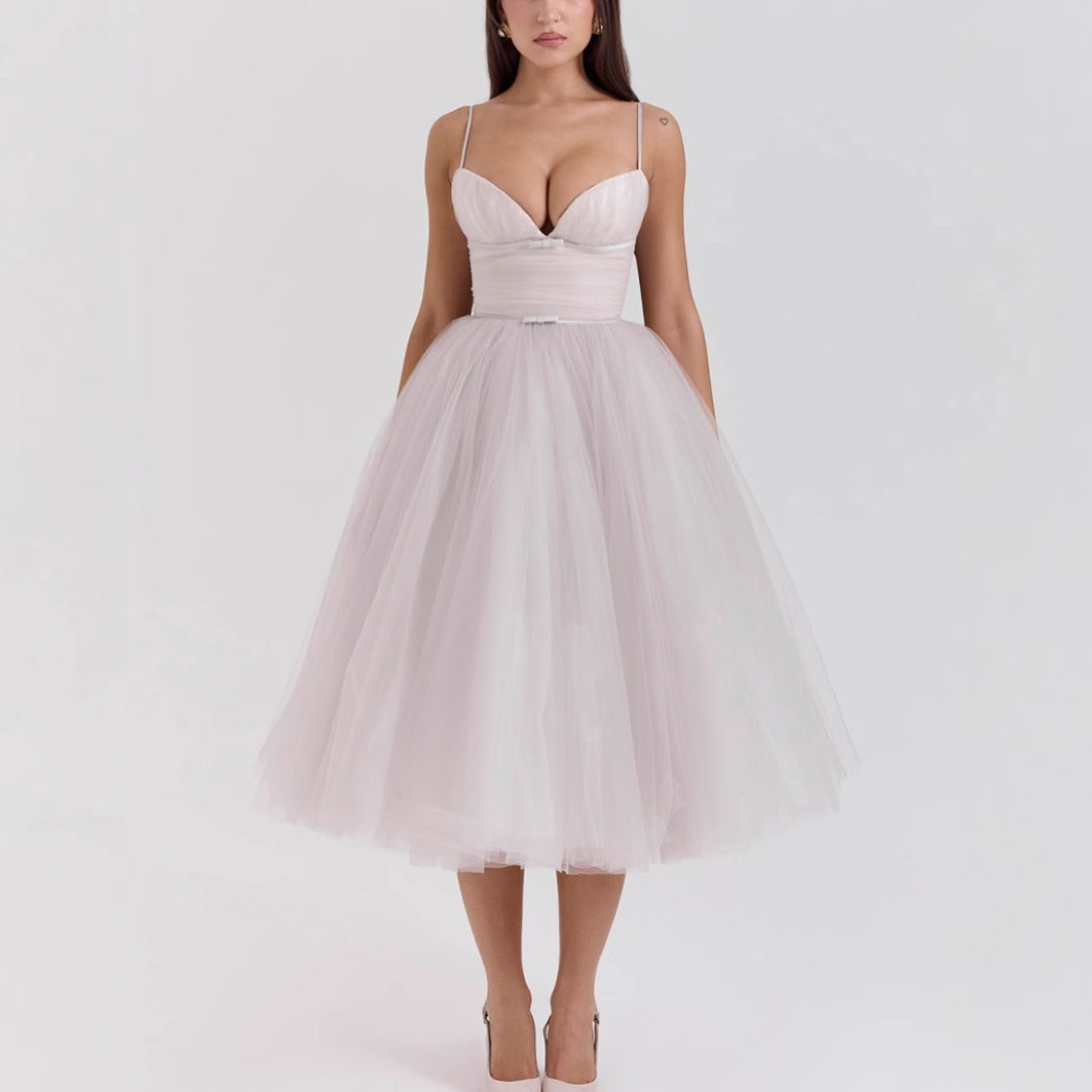Damen Tüll Cocktailkleid V-Ausschnitt Taillengürtel