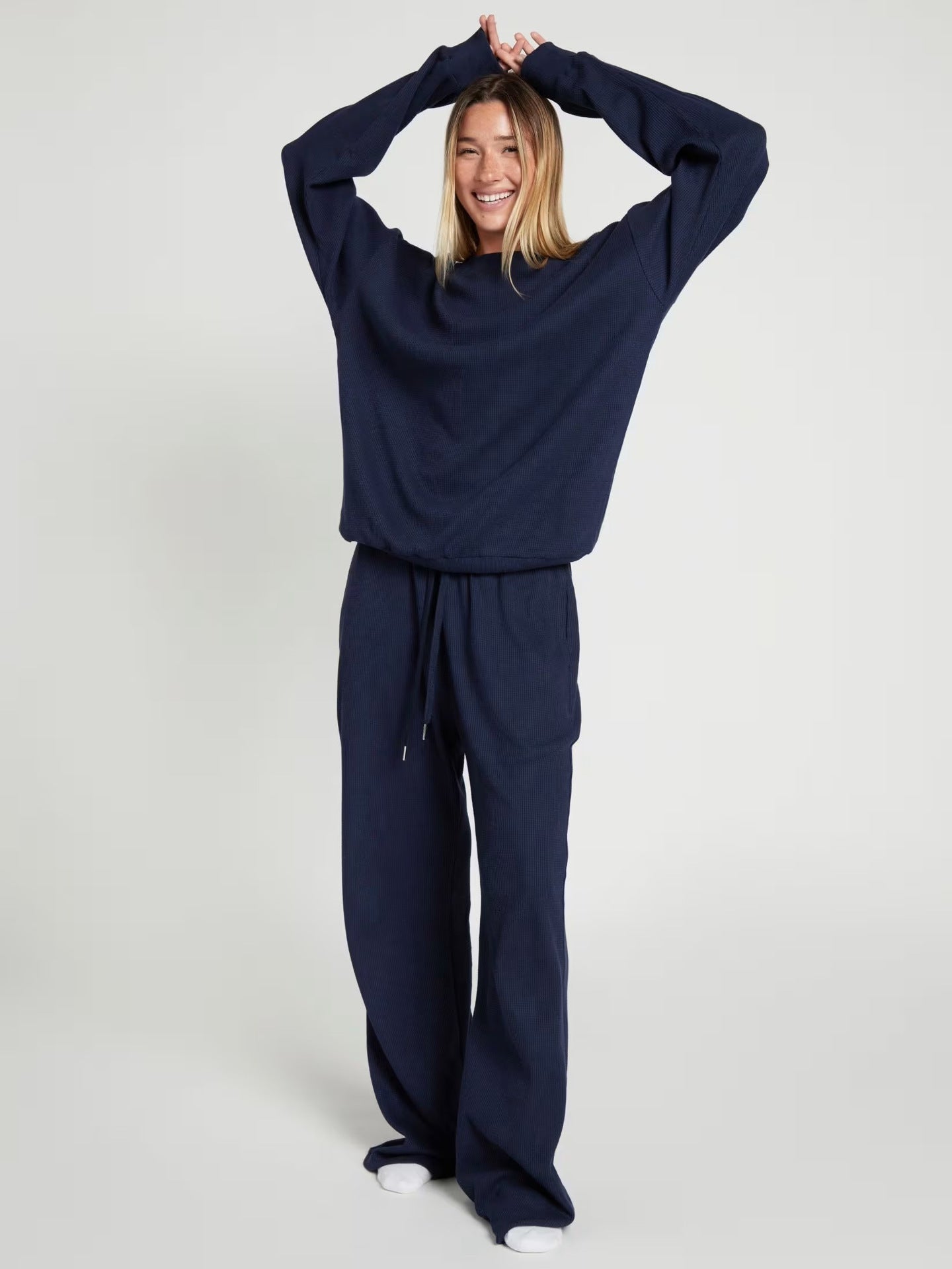 Damen Sweatshirt Waffelmuster Bequem Grau Eveloria
