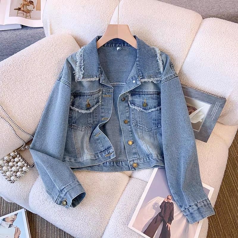 Damen Cropped Denimjacke Fransen Knöpfe Blau - Eveloria