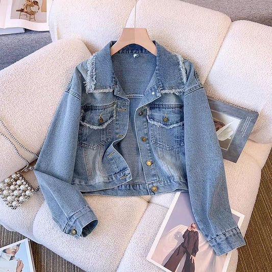 Damen Cropped Denimjacke Fransen Knöpfe Blau - Eveloria
