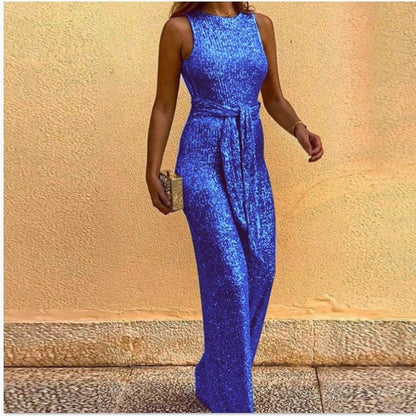 Damen Maxikleid Glänzende Pailletten Elegante Taillenbindung